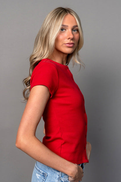 Talia Button Up Tee in Ruby Clothing Holley Girl 
