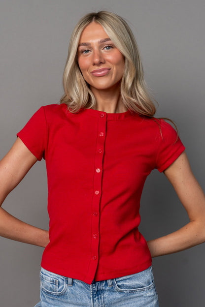 Talia Button Up Tee in Ruby Clothing Holley Girl 