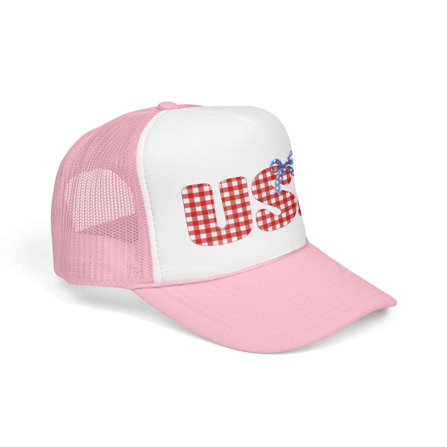 USA Gingham Trucker Hat — Patriotic Foam Cap with Bow Hats Printify 