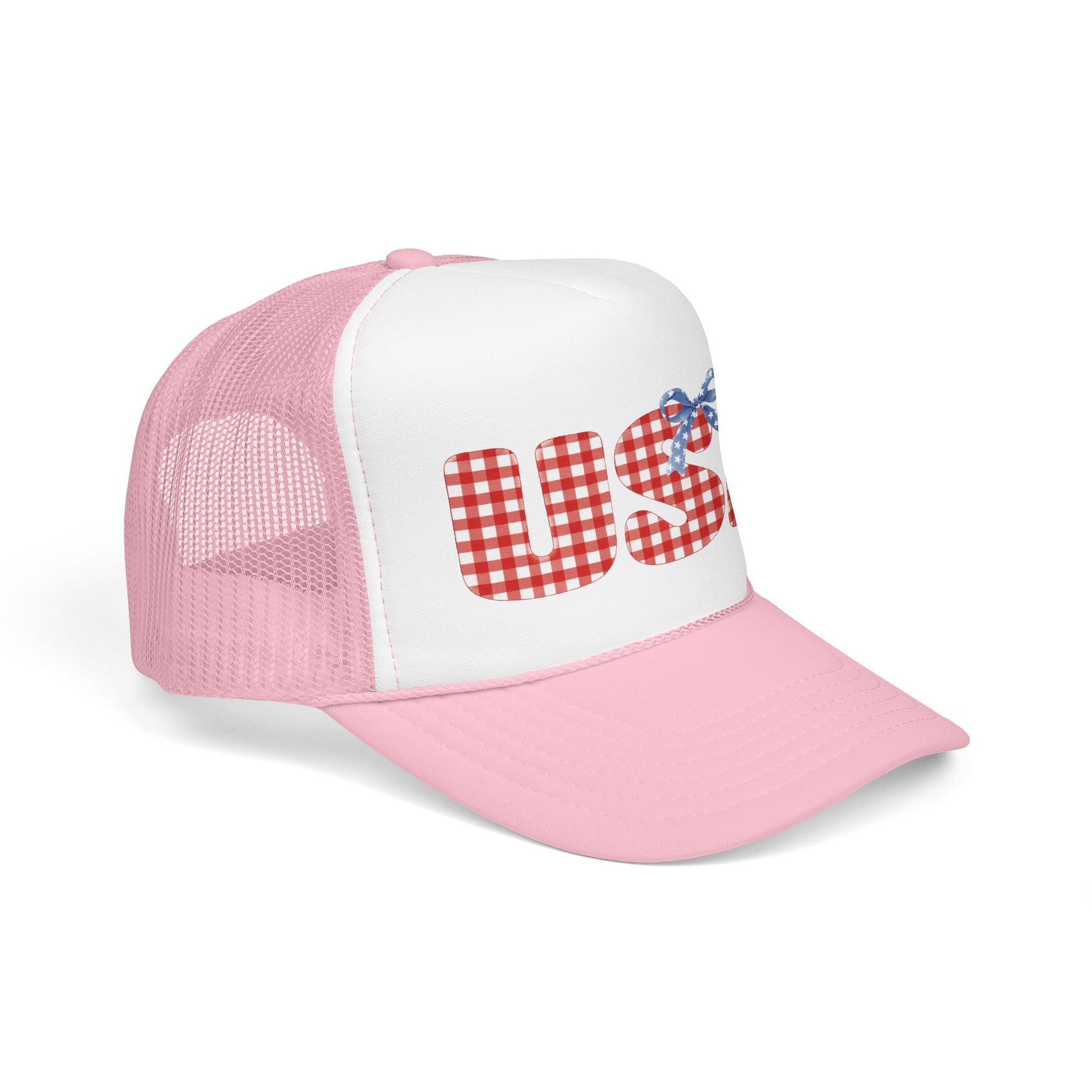 USA Gingham Trucker Hat — Patriotic Foam Cap with Bow Hats Printify 